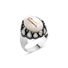 Alif Letter on White Ellipse Mother of Pearl Stone Silver Men's Ring with Teardrops Around