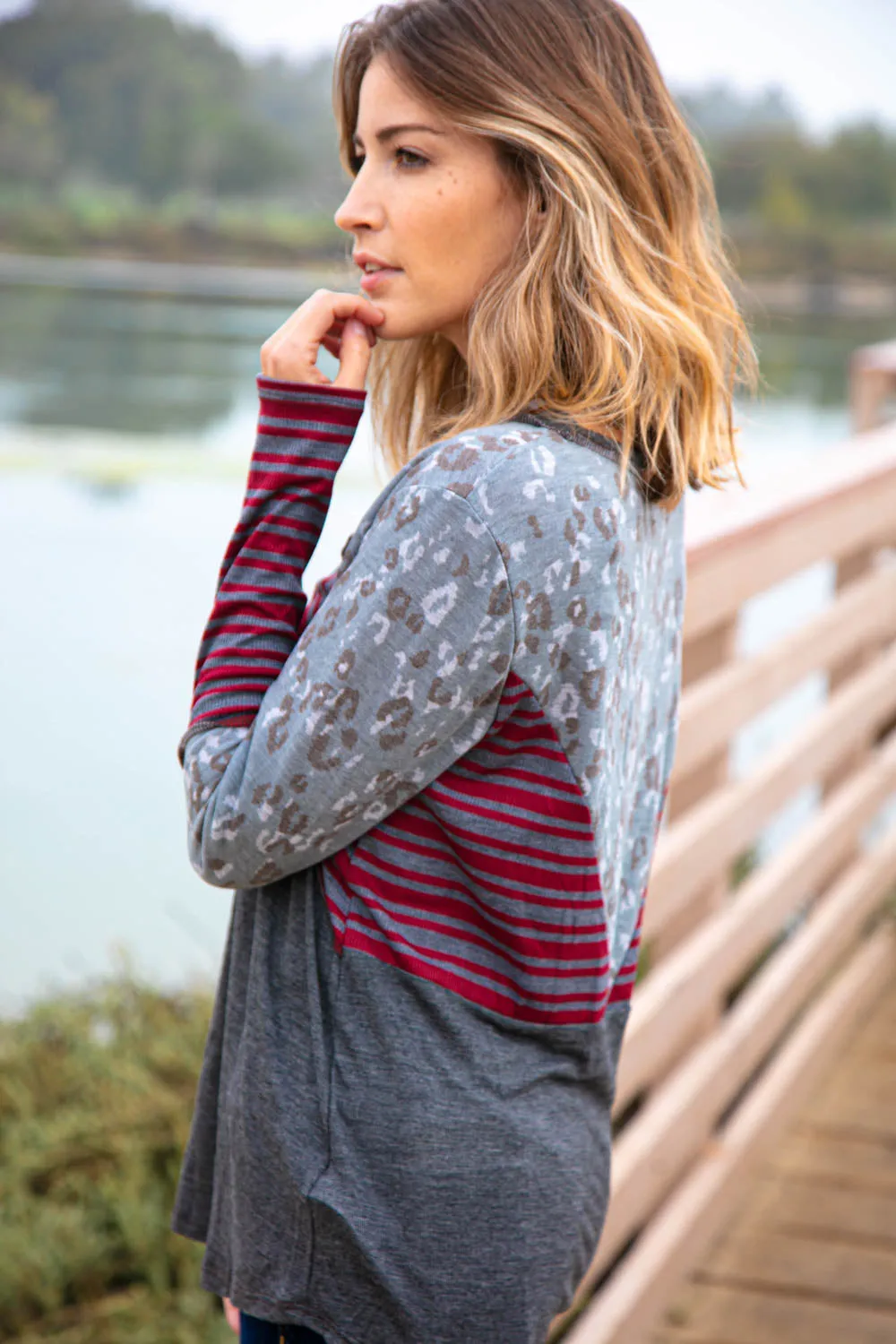 Button Down Stripe Leopard Print Color Block Top