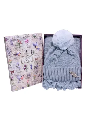 Cable Knit Hat & Brooch With Matching Tassel Scarf