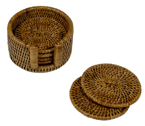 Caspari Rattan Round Coaster Set(6) - (cream or natural)