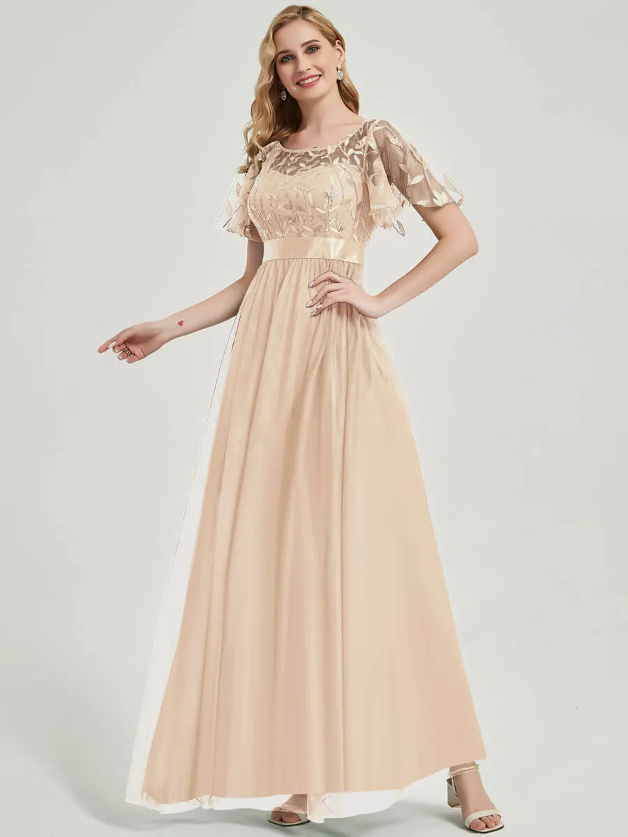 Champagne Sheer Sleeve A-Line Floor Length Sequin Formal Dress For Brides