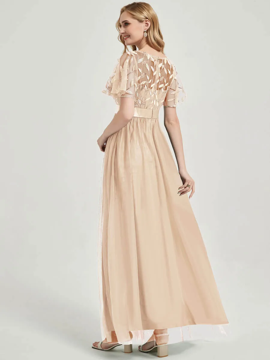 Champagne Sheer Sleeve A-Line Floor Length Sequin Formal Dress For Brides