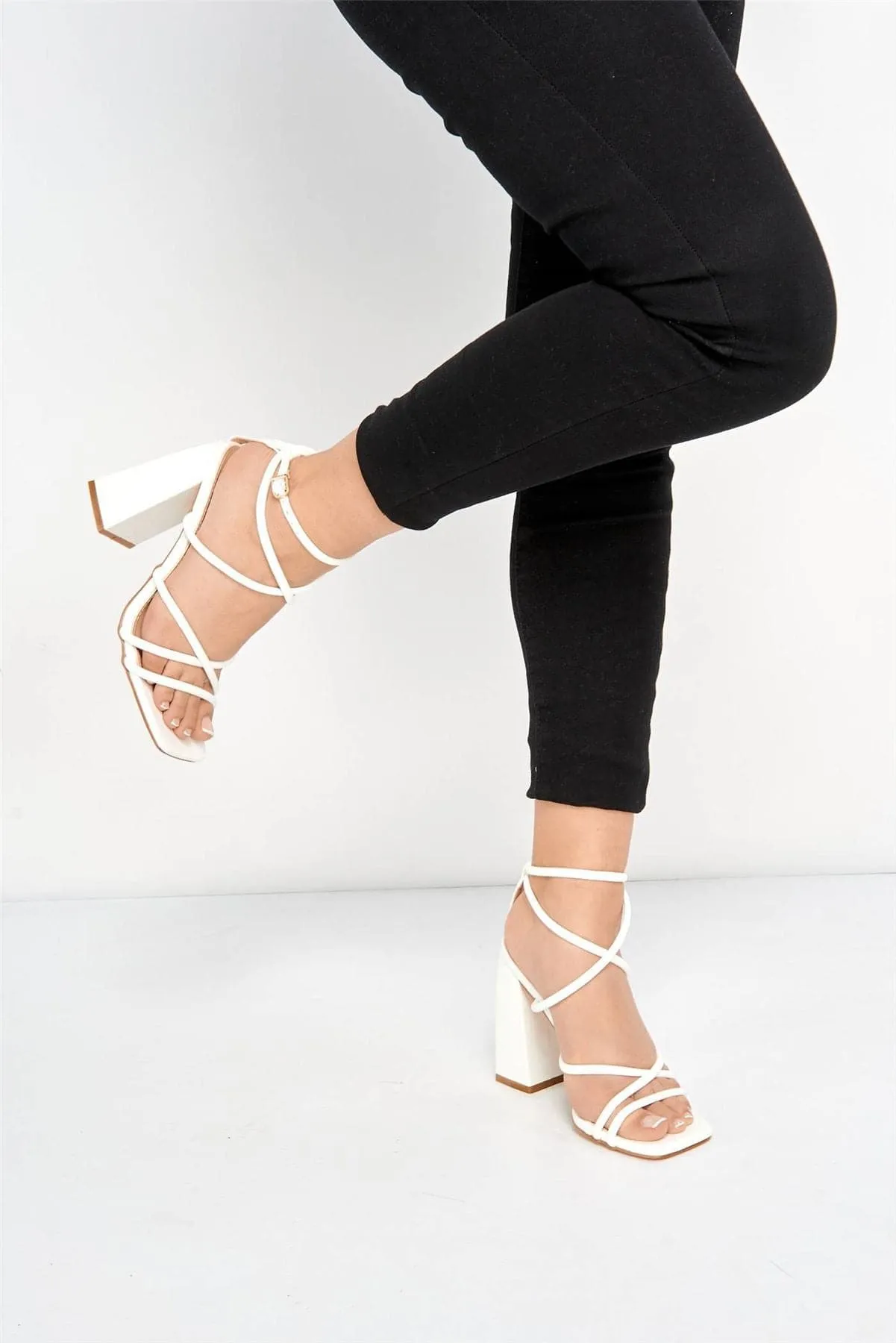 Chania Thick Strappy Block Heel Sandal in White