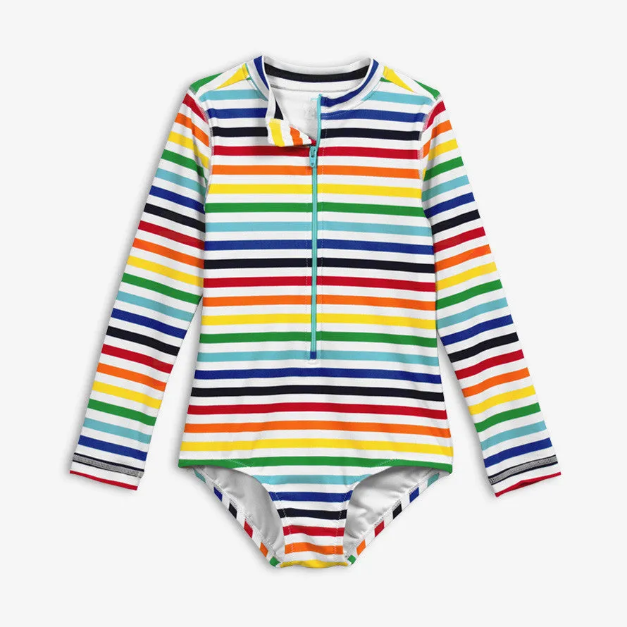 Clearance long sleeve one-piece rash guard in rainbow stripe