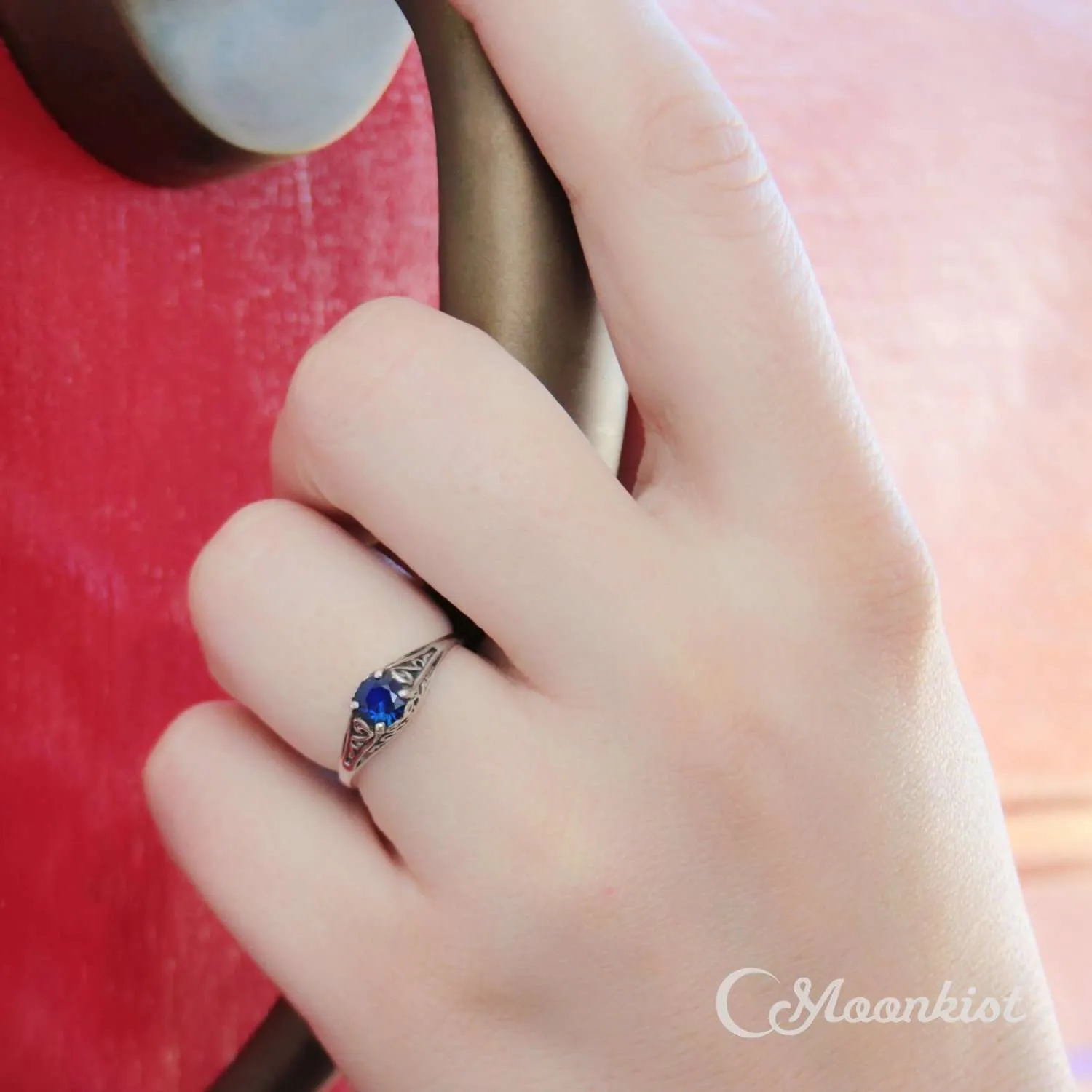 Dainty Blue Sapphire Filigree Ring in Sterling Silver | Moonkist Designs