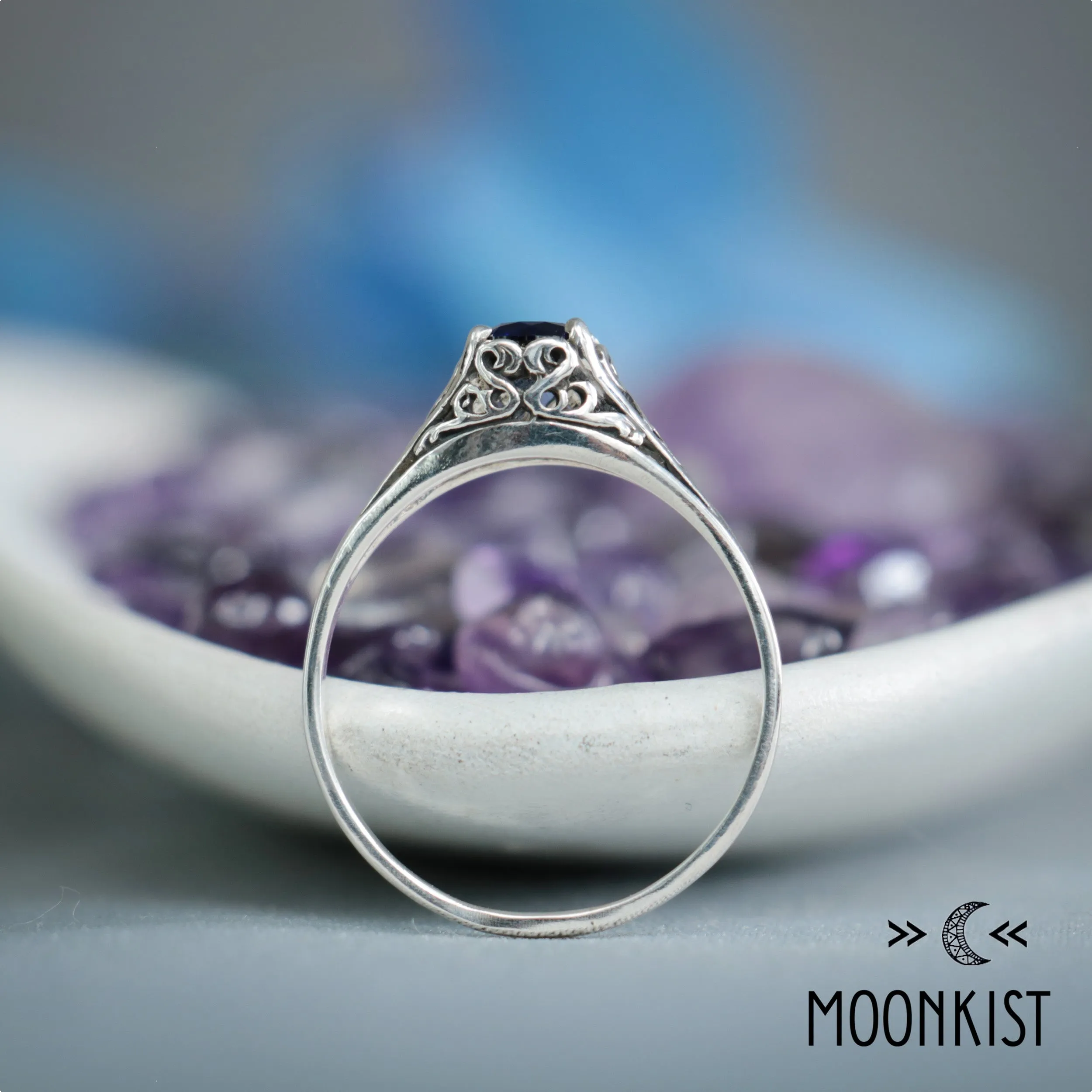 Dainty Blue Sapphire Filigree Ring in Sterling Silver | Moonkist Designs