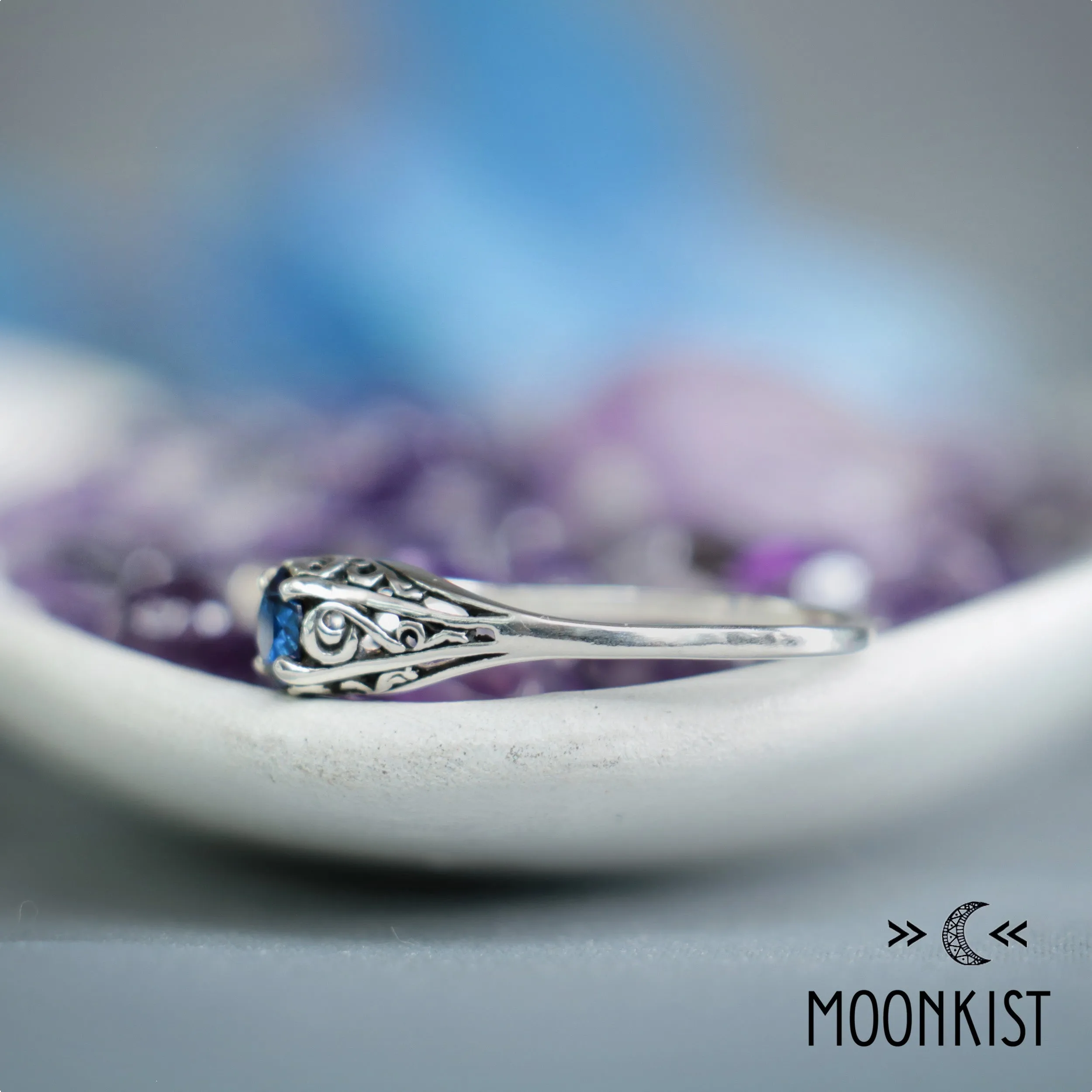 Dainty Blue Sapphire Filigree Ring in Sterling Silver | Moonkist Designs