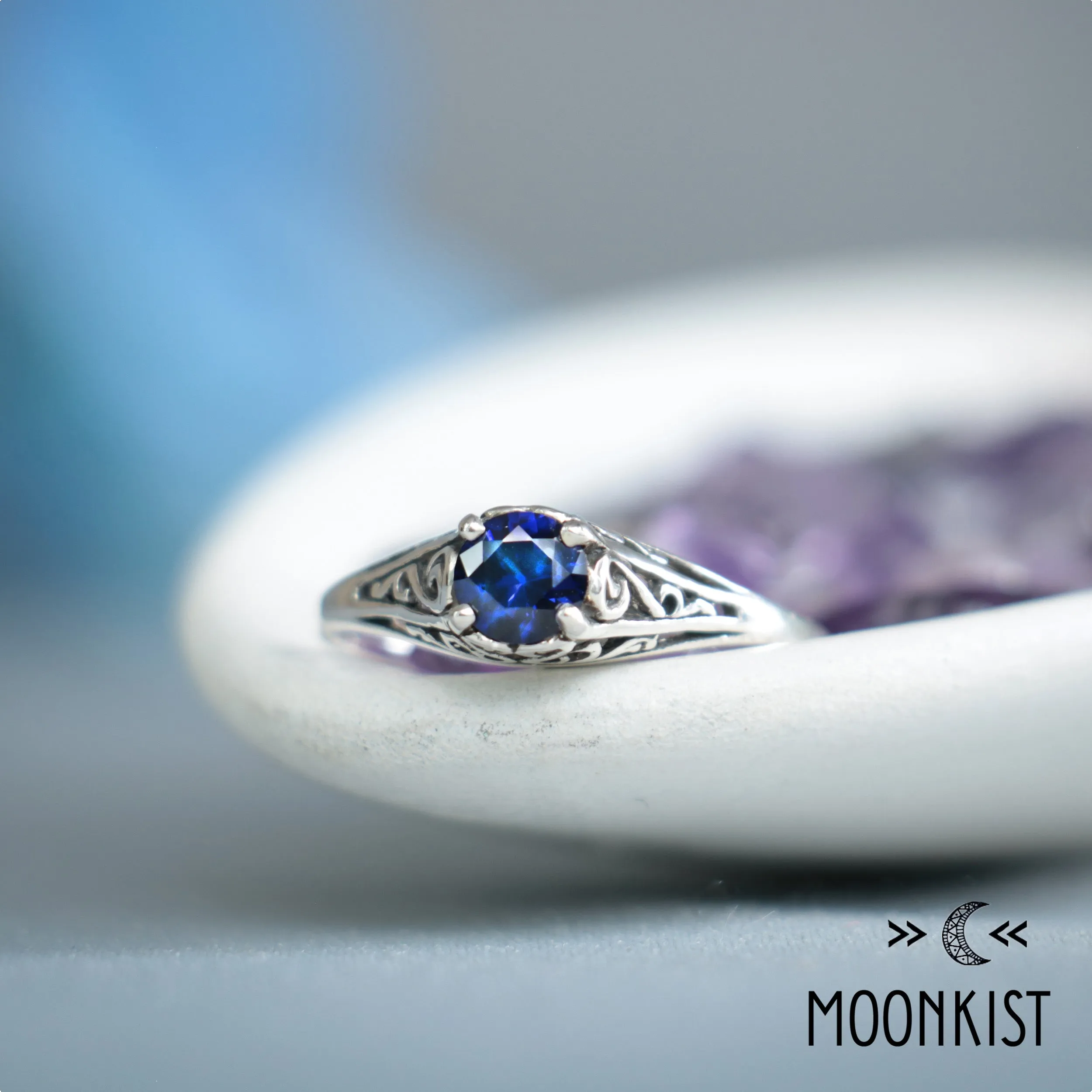 Dainty Blue Sapphire Filigree Ring in Sterling Silver | Moonkist Designs