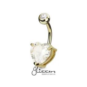 Double Gemmed Solitaire Heart CZ Prong Set Belly Button Ring - Gold