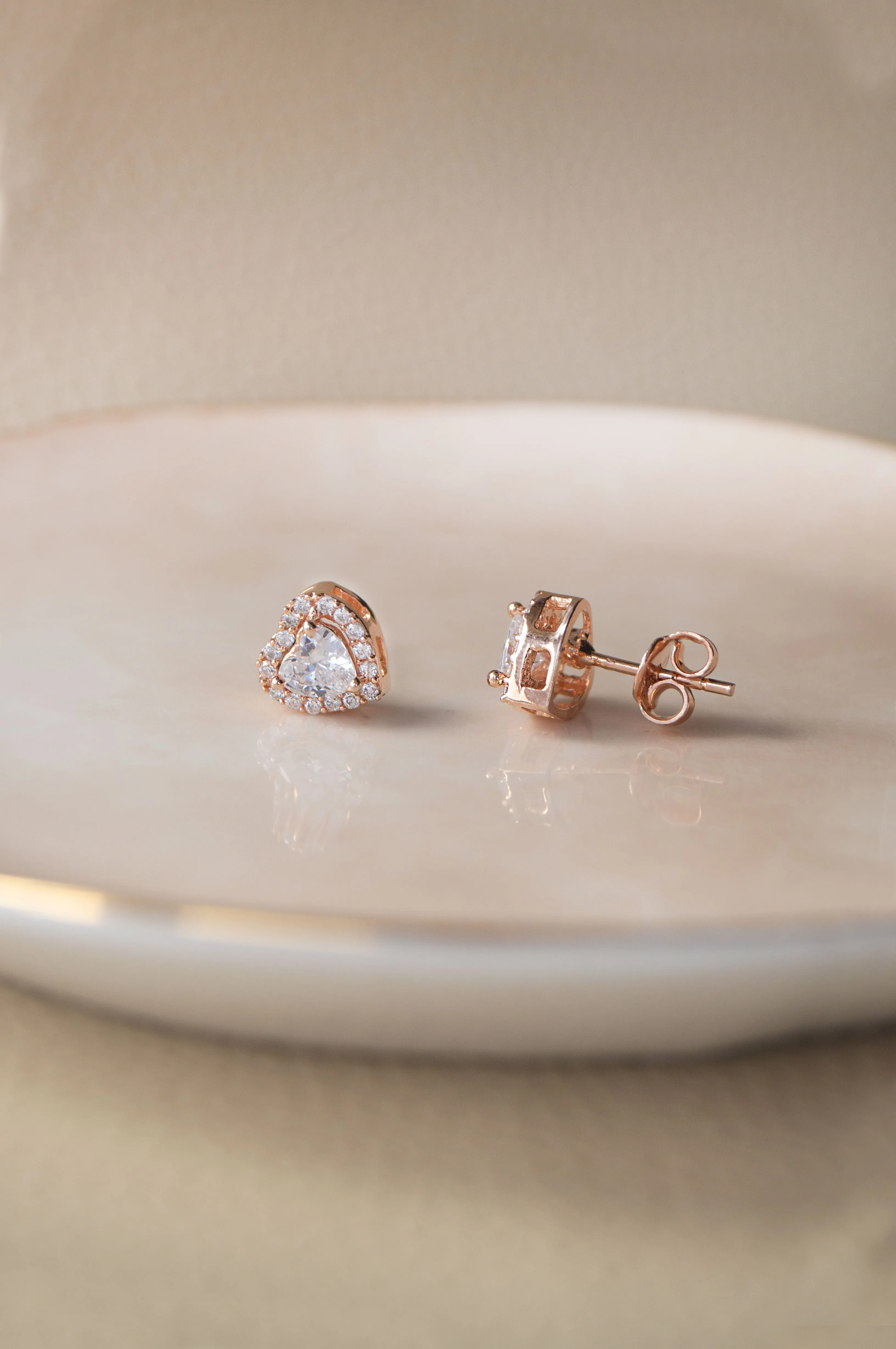 Heart Solitaire Rose Gold Plated Sterling Silver Stud Earrings