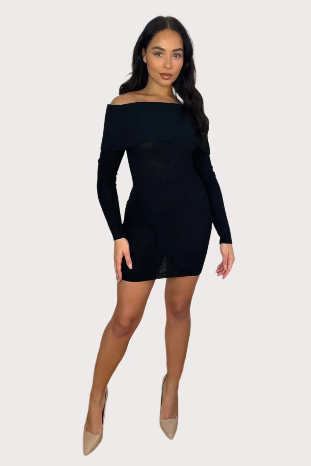 Knitted Bardot Neckline Mini Dress