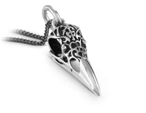 Ornate Raven Skull Necklace - Silver