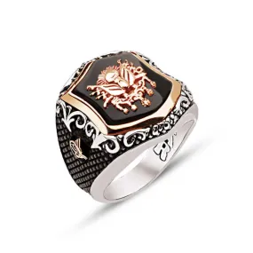 Ottoman Coat of Arms on Black Onyx Stone Hexagon Silver Men’s Ring Siding Bush Pattern and Ottoman Tughra