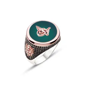 Ottoman Tughra on Green Agate Stone Circle Silver Men’s Ring Siding Zircons and Coat of Arms