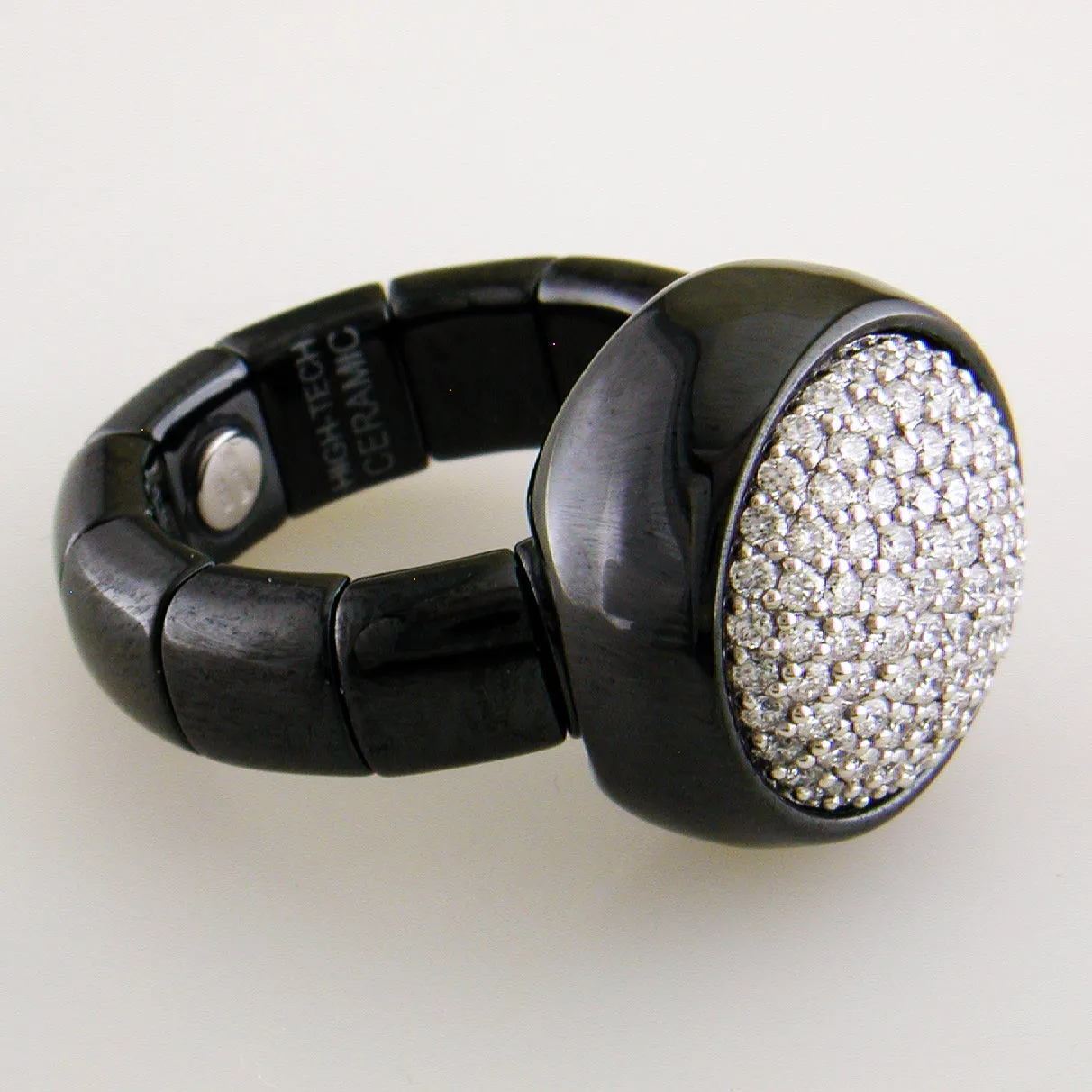 Roberto Demeglio Dama Elastic Stretch Large Ring in Black Shiny Ceramic with Round Diamonds