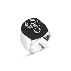 Scorpion Symbol on Rectangle Onyx Stone Silver Men's Ring