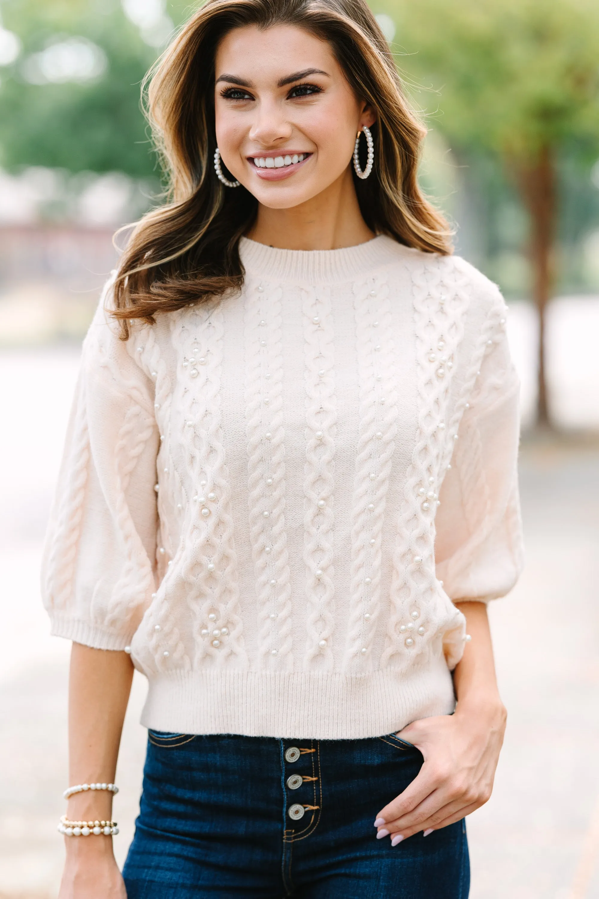 Share Your Love Cream White Embellished Sweater