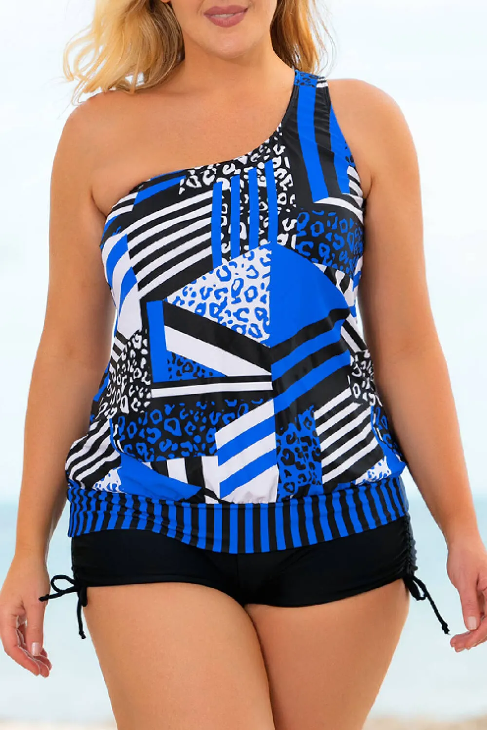 Sunset and Swim Plus Size Patchwork-Tankini-Set mit gebundener Schulterpartie