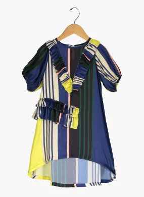 Vierra Rose Abella Ruffle Neckline Dress in Multi Stripes