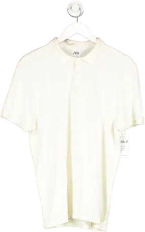 ZARA White Fine Knit Polo Shirt UK M